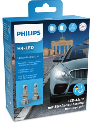 Philips H4 12V 18W P43t Ultionon Pro6000 LED 5800K mit Straßenzulassung